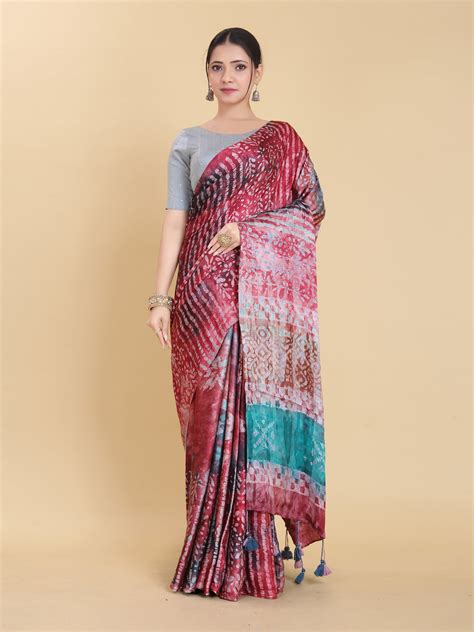Shop Red Bemberg Satin Batik Printed Saree | Dungrani