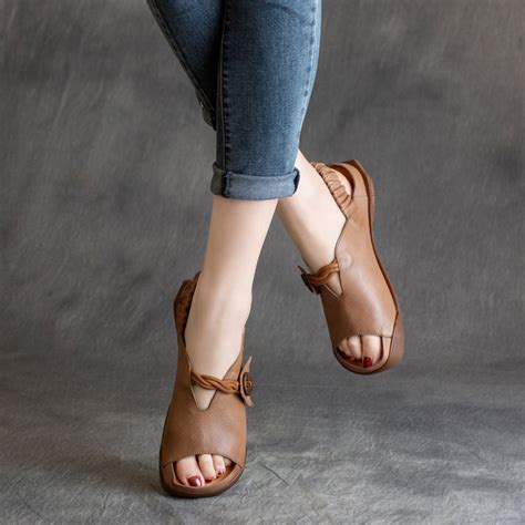 Cowhide Peep Toe Women Leather Sandals – Retrosia
