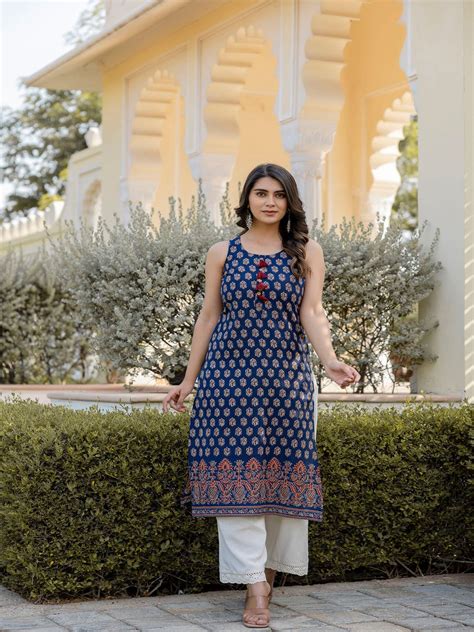 Navy Blue Printed Straight Sleeveless Kurta – Trendphoria