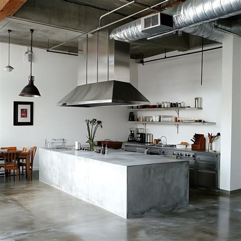 Modern kitchen with exposed ductwork and concrete island | Premium AI ...