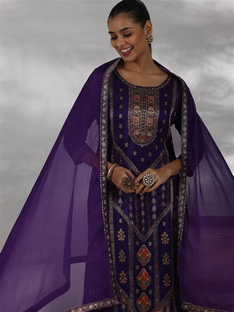 Buy Purple Woven Design Silk Blend Straight Suit With Dupatta Online at ...