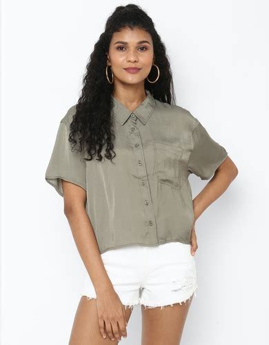 Buy American Eagle Women Green Silky Short Sleeve Button Up Shirt Online
