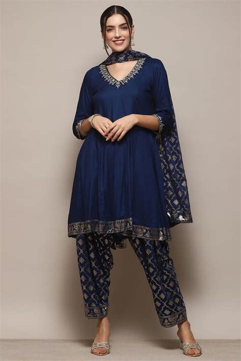 Blue LIVA Kalidar Kurta Salwar Pant Suit Set at Biba India