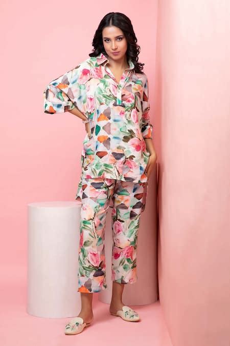 Buy Green Rayon Embroidery Collared Pastel Floral Print Shirt And Pant ...
