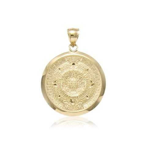 10K Solid Yellow Gold Aztec Calendar Pendant - Sun Round Medal Necklace ...