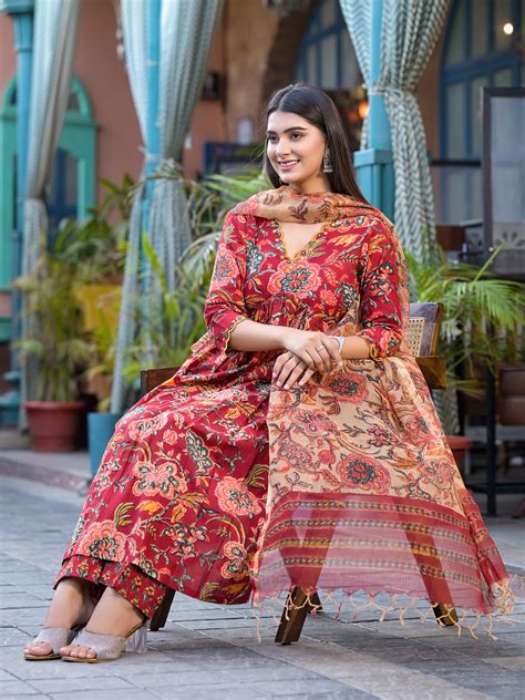 Buy Nasreen Green Floral Block Print Embroidery Suit Set - Jaipuri Adaah