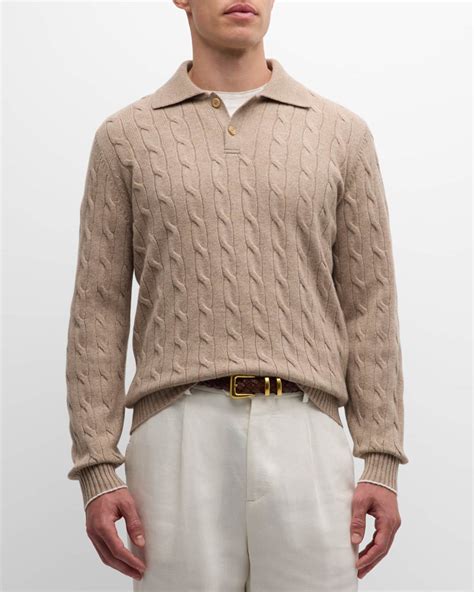 Brunello Cucinelli Men's Cashmere Cable Knit Polo Sweater | Neiman Marcus