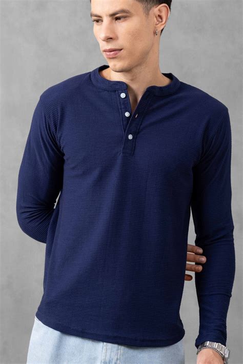 Navy Ottoman Self Design Henley T-Shirt – Gritstones