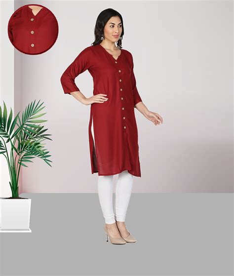 Fabclub Women Rayon Solid Plain Front Slit Straight Kurti (Maroon ...