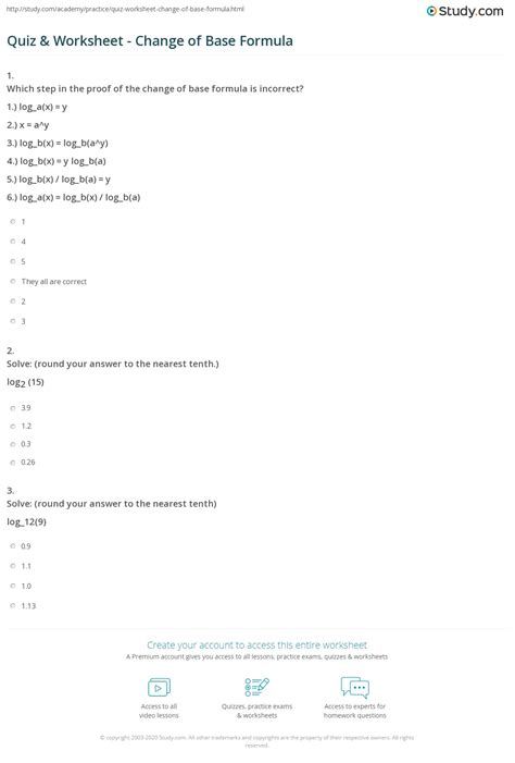 Quiz & Worksheet - Change of Base Formula | Study.com