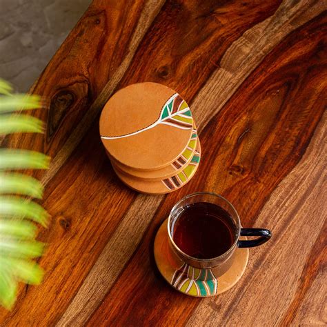 ExclusiveLane 'Shades of a Leaf' Handpainted Terracotta Coasters for ...