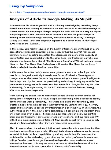 ≫ Analysis of Article "Is Google Making Us Stupid" Free Essay Sample on ...