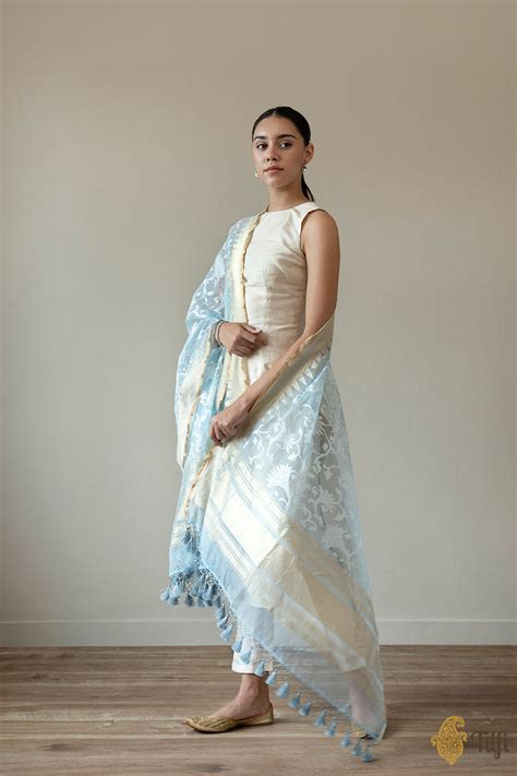 Light Blue Pure Kora Silk Net Banarasi Handloom Dupatta - Tilfi