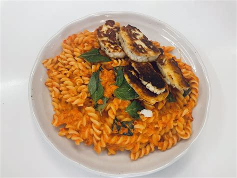 Roasted bell peppers sauce fusilli with Halloumi cheese - Dining and ...