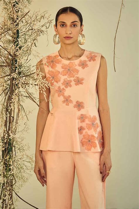 Shop Peach Blossom Embellished Peplum Co-Ord Set by ORIGANI at House of ...