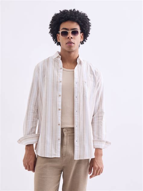 Beige Striped Slim Fit Casual Shirt – Citrus Clothing