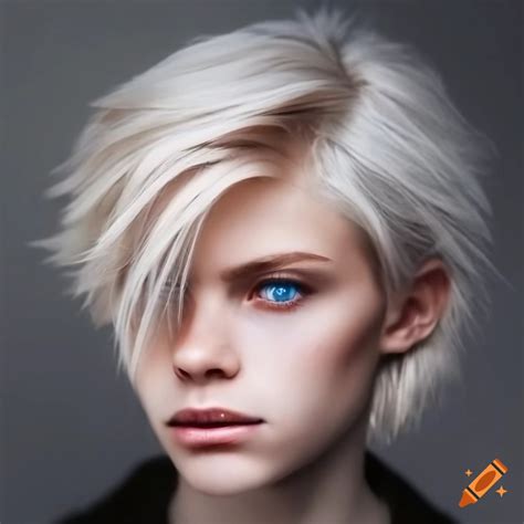 Androgynous face with striking blue eyes and unique blonde wolf cut ...