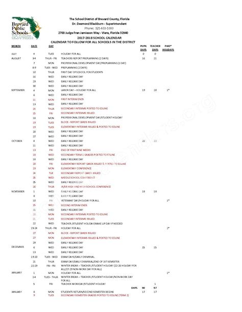 2017 - 2018 School Calendar | Brevard County Public Schools - Viera, FL