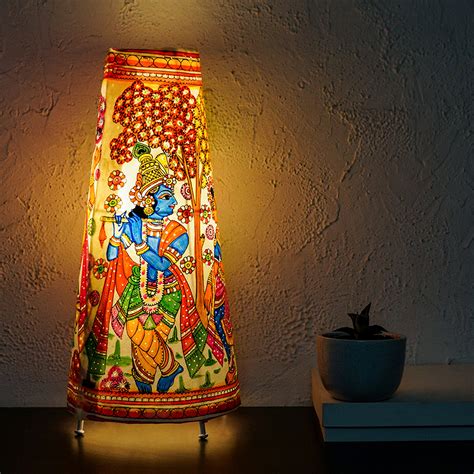 Buy Radha Krishna Hand Painted Tholu Bommalata Medium Tabletop Lamp ...
