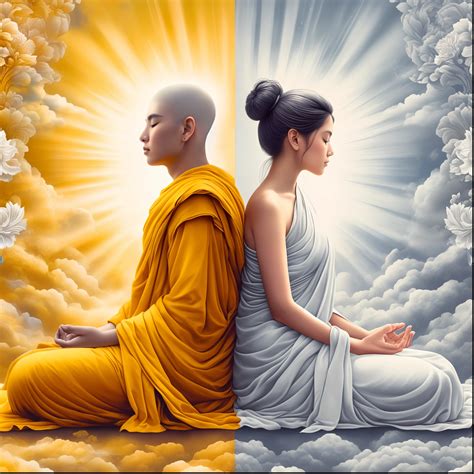 Buddha and monk sitting in meditation position in front of a sun - SeaArt AI