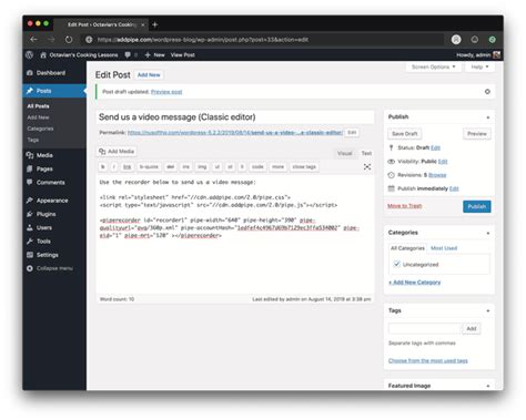 Adding The Pipe Video Recorder to WordPress Posts & Pages