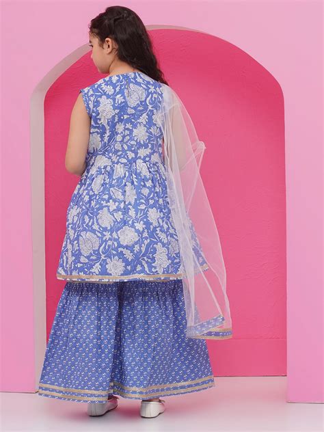 Blue Pure Cotton Sleeveless Floral Print Sharara Set for Girls – AJ Dezines