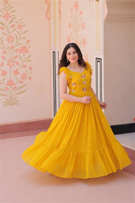 Mesmerizing Yellow Multi Thread Embroidery Georgette Haldi Wear Gown ...