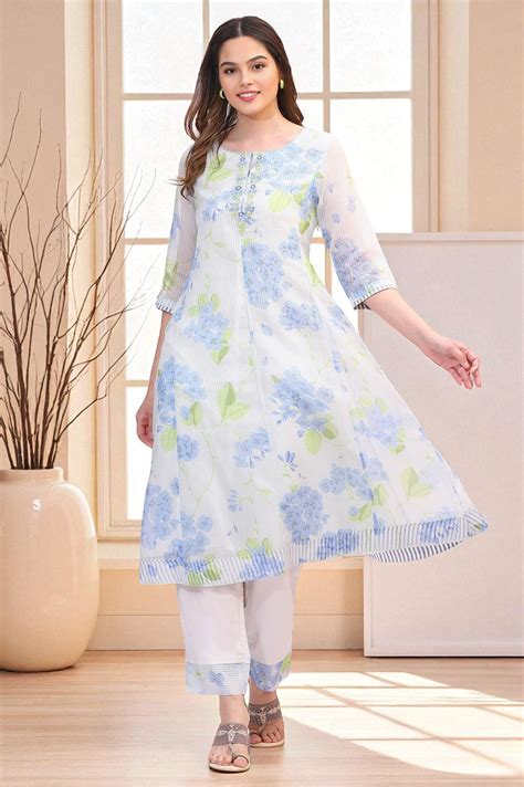Off-White Floral Printed Kota Flared Kurta – wforwoman