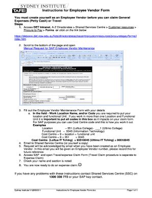 Fillable Online wiki tafensw edu Instructions for Employee Vendor Form ...