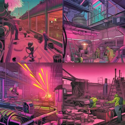 well lit factory with machines extruding pink slurry that alien workers ...