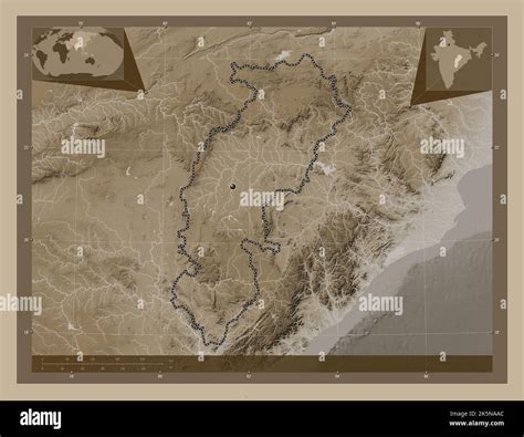 Chhattisgarh, state of India. Elevation map colored in sepia tones with lakes and rivers. Corner ...