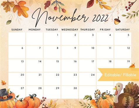 Editable november 2022 calendar thanksgiving day printable calendar w ...