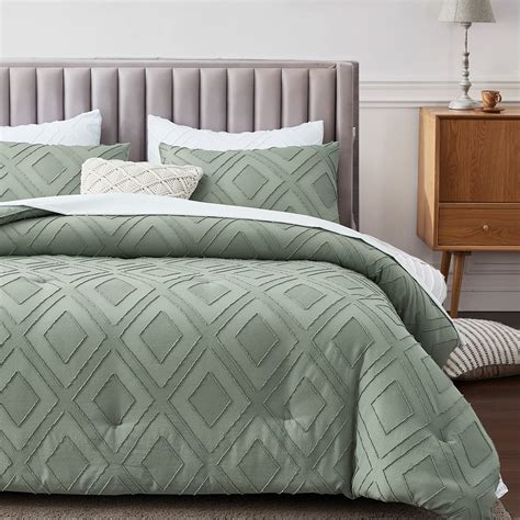 FROHAUL Boho Queen Comforter Set,Sage Green Rhombus Tufted Queen Size ...