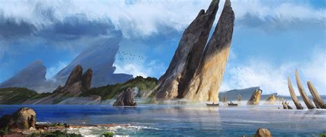 Download wallpaper 2560x1080 sea, rocks, boats, coast, art dual wide ...