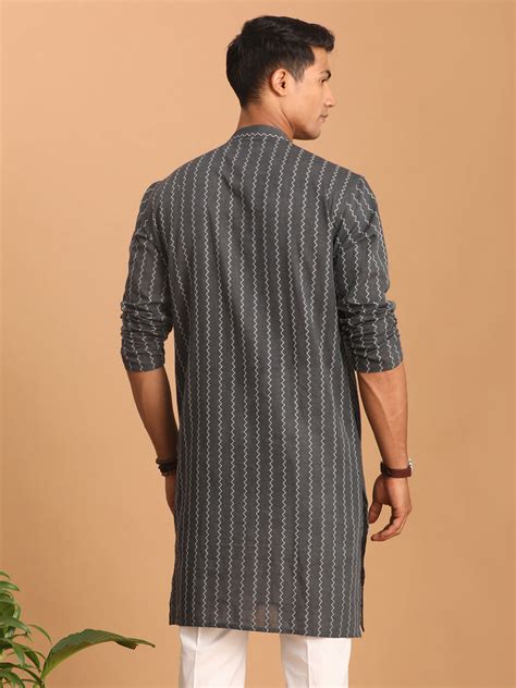 Men's Grey Jacquard Zig Zag Cotton Kurta – vastramay