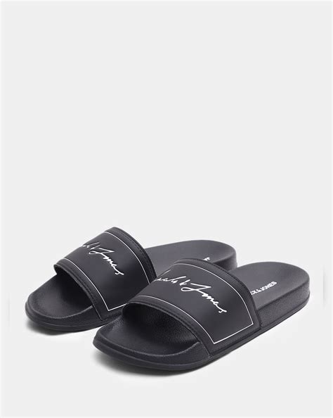 Black Cursive Logo Print Sliders