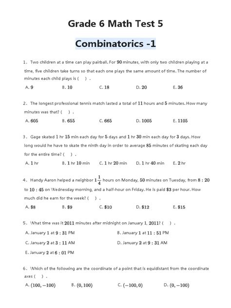 Image result for Grade 6 Math Test Printable