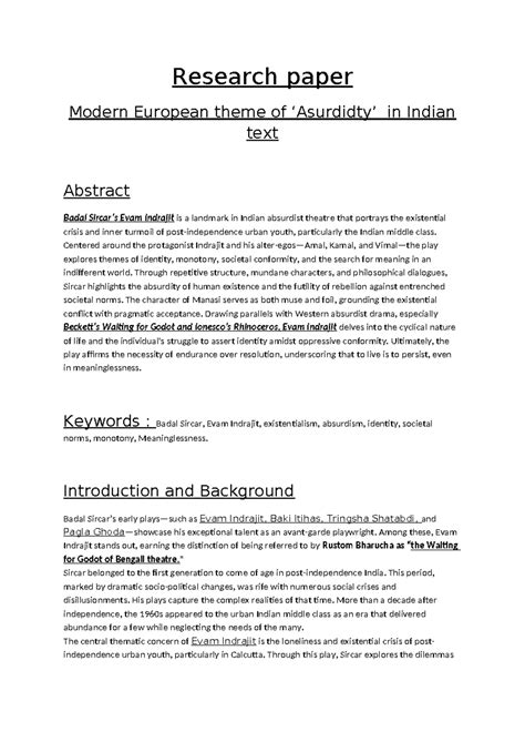 Modern European Absurdity in Indian Theatre: A Study of Evam Indrajit ...