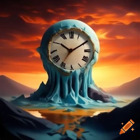 Surreal melting clock over mountain at sunset, inspired by salvador ...