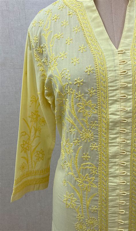 Women's Lakhnavi Handcrafted Light Yellow Cotton Chikankari Kurti - NC