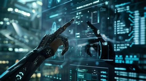 A robotic hand engaged with a laptop, illustrating stock market trends through data visualizations