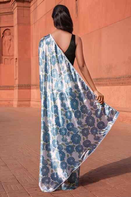 Buy Sky Blue Chinon Pom-poms V-neck Floral Print Pre-draped Saree With ...