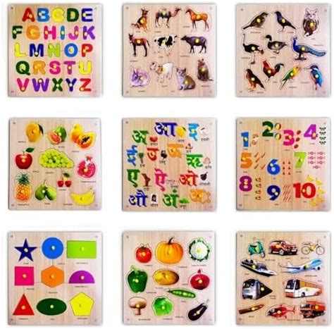 Kamsons Wooden Educational Set of 9 Puzzles | Colorful Alphabets ...