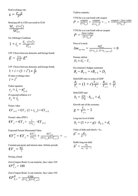 Formulas - macroeconomics I formula sheet - Real exchange rate Bond ...
