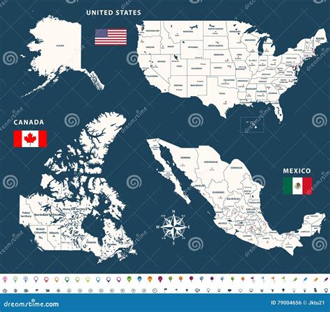 Maps of Canada, United States and Mexico with Flags and Location ...