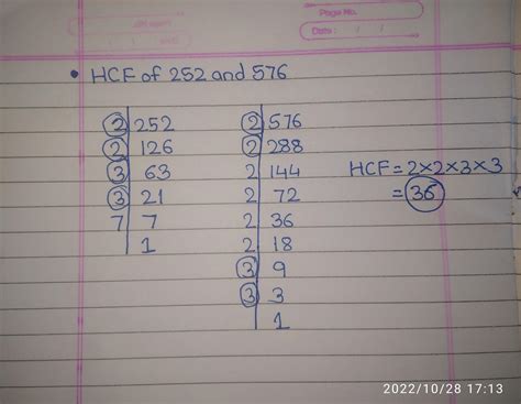 Find hcf of 252 and 576 with long division methords - Brainly.in