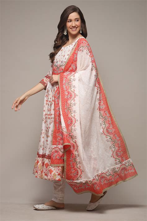 Cream Cotton Anarkali Kurta Churidar Suit Set