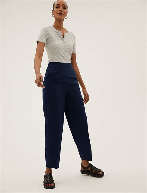 Buy Cotton Rich Barrel Leg Tapered Trousers at Marks & Spencer