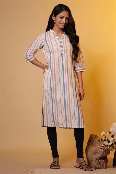 Buy Off-White Straight Kurta with Multi-coloured Stripes Online for ...