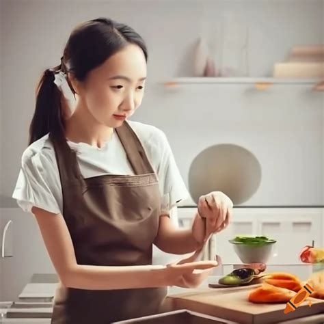 Beautiful asian woman cooking in french kitchen